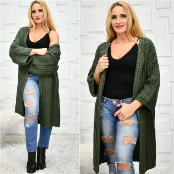 Chunky Thick Knit Green Long Cardigan Long Sleeve - Picture 1 of 4